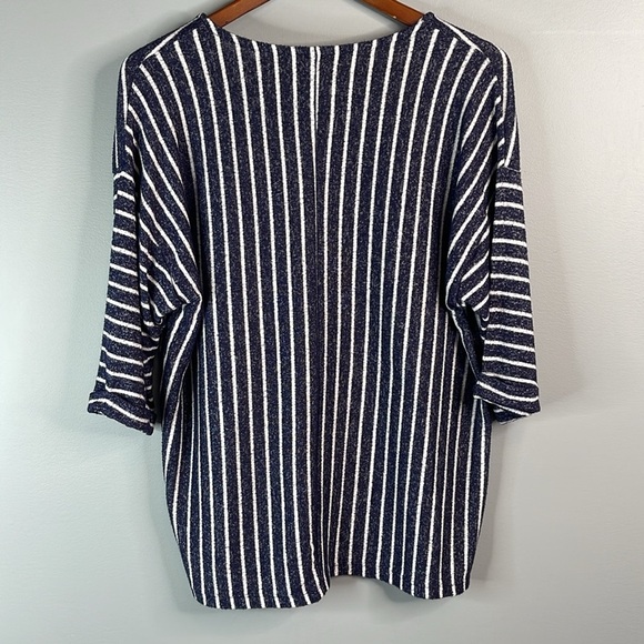 Coin 1804 Stripe Knit Top Navy White 1/2 Sleeve Round Neck Brushed Stretch 2X - Picture 6 of 11